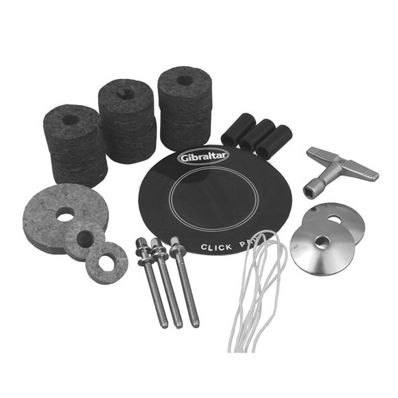 The Gibraltar Drum Tech Kit is the toolkit that includes Bass drum click pad, tension rods, cymbal washers, sleeves, felts, snare cord and drum key.