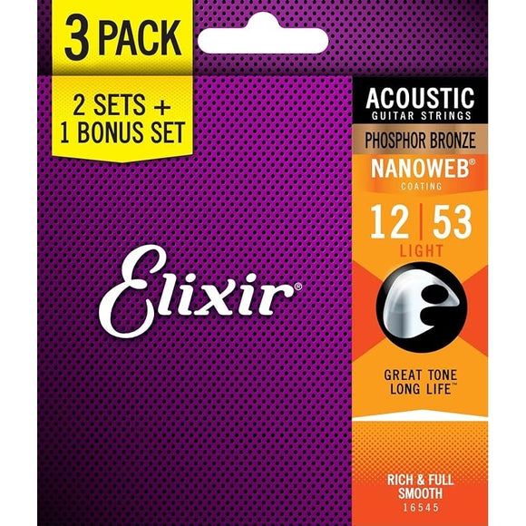 Elixir Phosphor Bronze 12-53 Acoustic Strings 3-Pack
