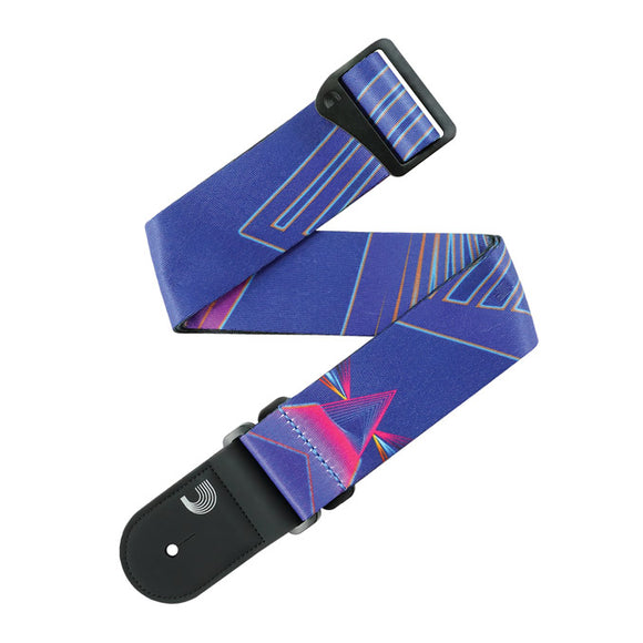 The Outrun Guitar Strap Line, features bright colors and imagery inspired by the retro 1980's outrun aesthetic. Designed for players of all genres, D'Addario woven straps offer designs that will please even the most discerning player. From iconic themes to unique patterns and artwork, these durable straps are sure to accent any guitar and are adjustable from 35