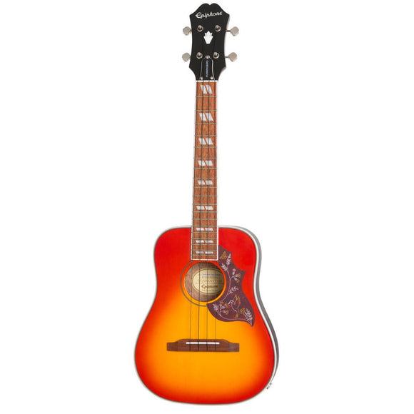Like its legendary full-size namesake, the Hummingbird Tenor Acoustic/Electric Ukulele (tuned GCEA) features a Solid Sitka Spruce top. The body is laminated Mahogany and the neck & head are Solid Mahogany. The pickguard reflects that of the legendary Hummingbird acoustic while a Piezo under-saddle pickup makes amplification plug-and play simple and an Epiphone gigbag makes for easy travel.
