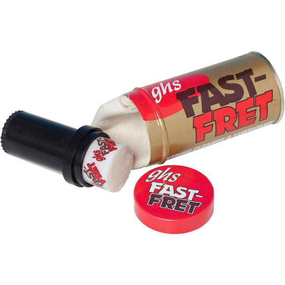 Fast-Fret from GHS is a string cleaner and lubricant designed to safely remove dirt and restore your tone. It contains no silicone. Simply use the liquid applicator to apply Fast-Fret on the strings, up and down the length of the fretboard. With the supplied cloth, quickly wipe the strings and fretboard to remove built-up dirt and oils. 