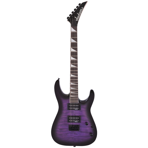 The Jackson JS32QDKA HT - Trans Purple Burst combines affordability with thick, snarling tone and prodigious sustain — courtesy of its resonant, lightweight poplar body, arched quilt maple top, and two high-output humbuckers.