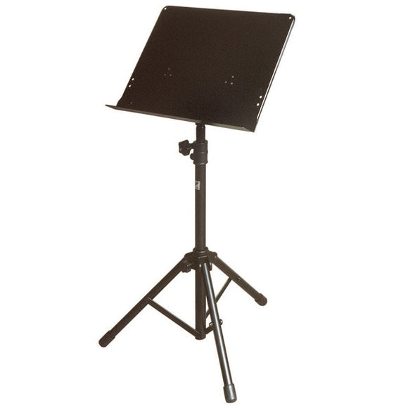 Large, Tripod, solid top adjustable stand w/o holes-black. Features Heavy Duty Aluminum Construction Wide Solid Music Desk Heavy Duty Nylon Collars.