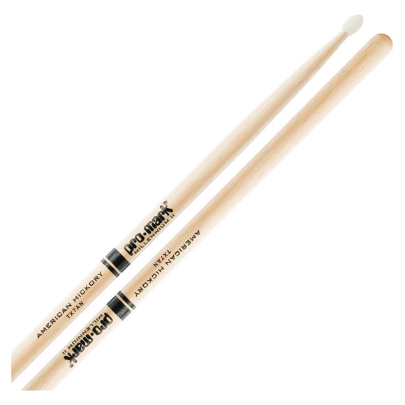 The Pro-Mark 7AN Nylon Tip Drum Sticks are a smaller 7A size with a nylon tip. The smaller size is perfect for drummers needing to play faster or quietly or both! The nylon tip sounds great on cymbals and adds a little bounce to the stick.