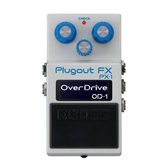 Guitar effects pedal with 'Plugout FX' and 'Boss' branding on a white background