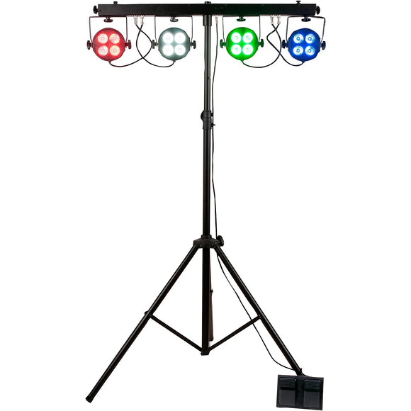 The Startec by ADJ Starbar Wash is a complete wash lighting system that comes with a powered light bar with four LED Pars, lighting tripod stand, foot switch controller and padded carrying bag. Each LED Par may be controlled individually via DMX or change light shows from the foot controller, wireless remote, show mode or by sound activation.