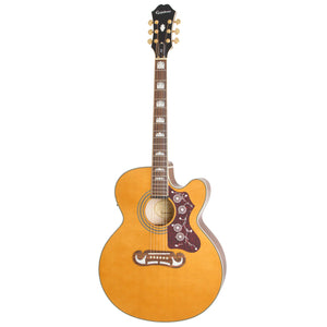 The Epiphone J-200 EC pays homage to the King of the Flattops - the classic Gibson™ SJ-200. This Inspired by Gibson Epiphone features a cutaway Super Jumbo body with select maple back and sides, solid spruce top for outstanding tone, a smooth-playing hard maple neck with a SlimTaper™ D profile, pau ferro fretboard, 20 medium jumbo frets, and classy pearloid crown inlays. The bridge has the legendary Moustache™ shape and the pickguard features iconic J-200™ graphics.