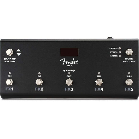 The Fender GTX-7 Footswitch was developed for use with Mustang GTX amplifiers, allowing users to select various presets and effects from the floor. Looper buttons access the amp’s “Record,” “Play,” “Overdub,” “Stop” and “Undo” functions, Tap Tempo is accessible for time-based effects, and the chromatic tuner is also selectable on demand. Removable cable with 1/4