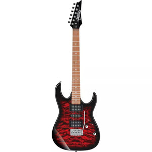 The Ibanez GRX70 electric guitar is a shining example of value! Don't let the price fool you — this guitar is a flexible tone machine. The basswood body with quilted art grain top is gorgeous, and a trio of pickups gives you tons of tones. A standard tremolo handles divebombing and other whammy acrobatics.