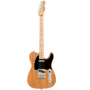 A Fender guitar with a wooden body and black pickguard, featuring a thin and lightweight design, a comfortable "C" shaped neck, and dual Squier single-coil Tele pickups for versatile sound options.