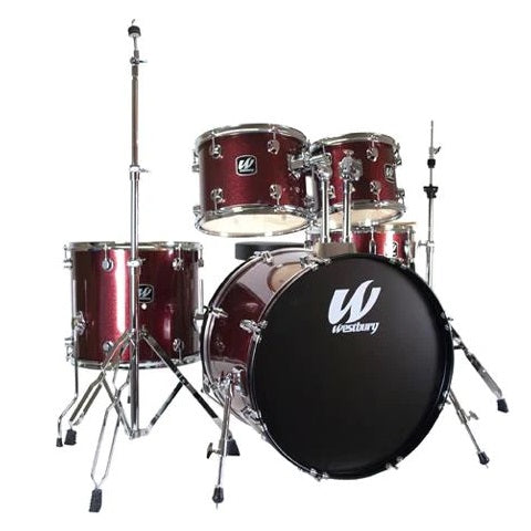 The Westbury W575T-RS is a 5 Piece Studio Drum Kit with Throne in Ruby Sparkle. The Westbury 575T Stage Drum Set features quality 9-ply shells with attractive PVC coverings. Solid double-braced hardware and sturdy 7/8 diameter tom holders and memory locks.
