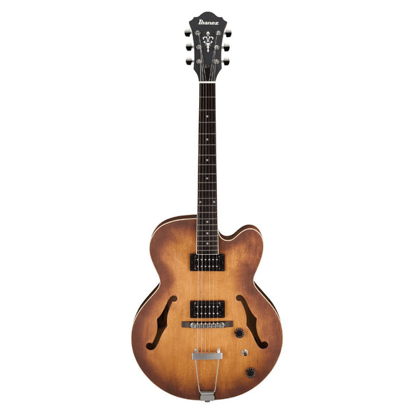 IbanezAF55 The Ibanez AF55 Artcore hollowbody electric guitar delivers a quality instrument in a stripped-down, aggressive-looking package. The full-hollow maple body of the AF55 offers you a large, round tone with plenty of woody warmth that's well-suited for jazz, blues, older country styles, and rock.
