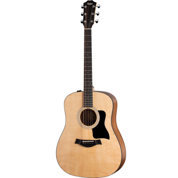 Perfect for new guitar players in need of an accommodating first guitar as well as experienced musicians in need of a reliable practice option, the Taylor 110e acoustic-electric guitar offers clear, versatile tone with a comfortable feel to match. With a solid top for maximum resonance and layered walnut back and sides, the 110e generates crisp highs and warm lows with a punchy midrange response, striking an ideal balance for strummers, flatpickers and fingerpickers alike. 