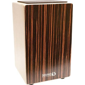 The Mano Percussion Cajon w/ Seat Pad & Bag - Ebony Stripes features an Attractive Veneer Finish, Removable, dual-position snare mechanism, and a Gig bag with backpack carry straps & an over-the-shoulder strap