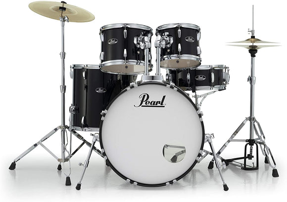 Get everything you need to start drumming in one complete package with the Pearl Roadshow 5-Piece Drum Set w/ Cymbals - Jet Black. Formed from multiple plies of bonded hardwood, Roadshow drum shells feature 9-ply poplar shells for optimal tone, molded to fabricate a resonance chamber that projects powerfully when you strike the drumhead.