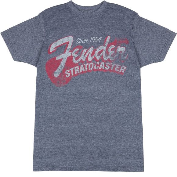The Fender Stratocaster has moved the musical landscape for more than 60 years. Commemorate your allegiance to the world's most recognizable guitar with a T-shirt that speaks to that rich legacy. This dark blue tee keeps the Stratocaster's old-school vibe alive with a distressed look and a classic faded 