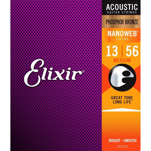 Elixir Nanoweb Medium 13-56 Phosphor Bronze Acoustic Guitar Strings 16102