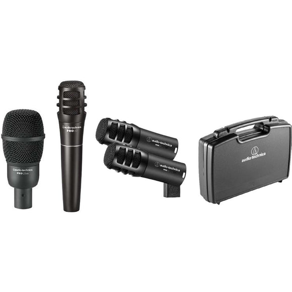The Audio-Technica PRO-DRUM4 Drum Pack includes a core selection of four microphones specifically engineered for drum applications. With PRO Series mics for kick, snare and toms, the PRO-DRUM4 pack has everything you need to mike drums in small clubs, churches and other controlled environments.