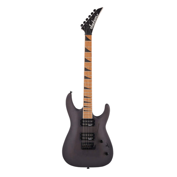 The Jackson JS24 DKAM Dinky - Black Stain features a mahogany body with arched top and bolt-on caramelized maple speed neck with scarf joint and graphite reinforcement for rock-solid stability.