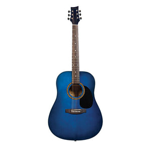 Beaver Creek BCTD101 Blue Acoustic Guitar w/ Bag  The perfect beginner full-size acoustic guitar!   Body: Dreadnought Top: Spruce Back & Sides: Agathis Neck: Nato Fingerboard Bridge: Rosewood Machine Heads: Diecast Strings: D’Addario Strings Bag: Included