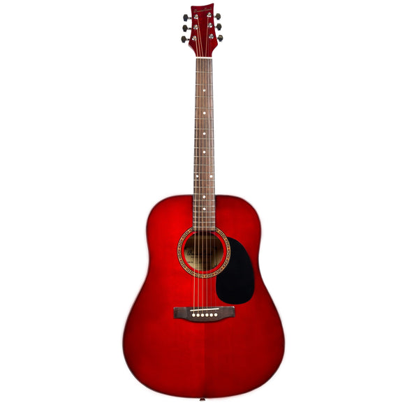 Beaver Creek BCTD101 Red Acoustic Guitar w/ Bag  The perfect beginner full-size acoustic guitar!   Body: Dreadnought Top: Spruce Back & Sides: Agathis Neck: Nato Fingerboard Bridge: Rosewood Machine Heads: Diecast Strings: D’Addario Strings Bag: Included