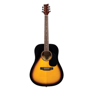 Beaver Creek BCTD101 Sunburst Acoustic Guitar w/ Bag  The perfect beginner full-size acoustic guitar!   Body: Dreadnought Top: Spruce Back & Sides: Agathis Neck: Nato Fingerboard Bridge: Rosewood Machine Heads: Diecast Strings: D’Addario Strings Bag: Included
