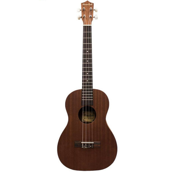 This larger Beaver Creek BCUKE-B Baritone ukulele features mahogany top, back and sides, rosewood fingerboard and diecast machine heads. Great for guitar players switching to a ukulele, as it is tuned the same way as a guitar.