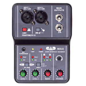 CAD Audio MXU2 is a multipurpose 2 channel (2mic/line) analog mixer with a built-in USB interface. USB connectivity and +48V phantom power make it an ideal compact option for live performance, broadcasting, podcasting or home recording.