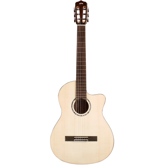Córdoba’s entry into the fusion line! The perfect choice to transition from a steel string to a nylon guitar, the Córdoba Fusion 5 features a solid spruce top, mahogany back and sides, a full body with cutaway for extended playing range