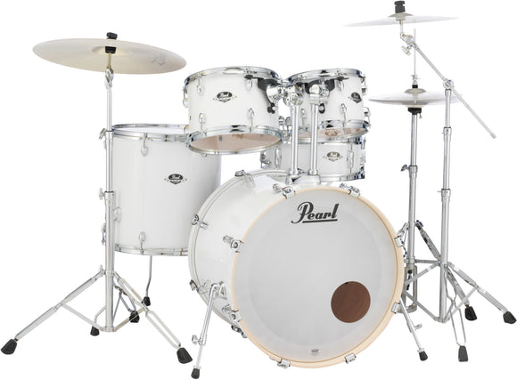 The Pearl Export 5-Piece Drum Set w/ Hardware - Pure White incorporates Pearl's S.S.T. Superior Shell Technology and Opti-Loc tom mounts. Designed for minimal shell interaction, they have a small footprint and low-mass for maximum resonance and sustain. Includes shells and hardware.