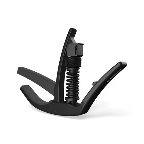 The D'addario Artist Capo utilizes a patented trigger geometry reducing the force required to open and close the capo while applying even tension regardless of neck profile. Combined with the micrometer tension adjustment and direct horizontal pressure, the Artist Capo virtually eliminates pulling the strings side to side and the need to retune during use.