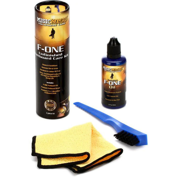 MusicNomad’s F-ONE Unfinished Fretboard Care Kit contains everything you need to clean & condition your unfinished fretboard.