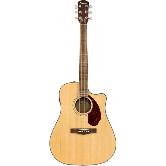 The Fender CD-140SCE expands on its siblings' features with upgraded Fishman® CD-1 electronics, walnut back and sides and the addition of a hardshell case. The single-cutaway dreadnought body and solid spruce top provide robust tone, and the easy-to-play neck is comfortable for all playing styles. Topped off with a tortoiseshell pick guard and walnut headcap, the CD-140SCE is ready for whatever you throw at it, at home or on the stage.