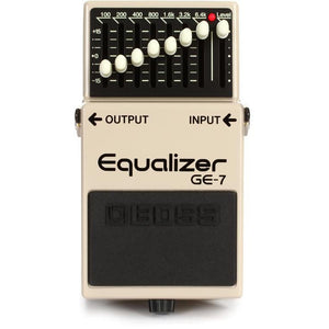 The GE-7 Equalizer pedal offers seven bands of EQ ranging from 100Hz to 6.4kHz, ideal for guitar sounds, with boost/cut of +/- 15dB per band.