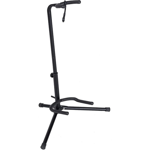 The Profile GS100B is a light-weight guitar stand that suits both electric and acoustic guitars. The neck support is adjustable in height and features a rubber guard that locks the neck in place for added safety. The swivelling base conforms to most rounded body styles while the rubber feet keep the stand from sliding on hard surfaces.