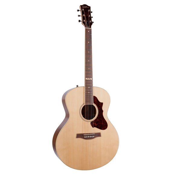 A gorgeous all-solid wood mini jumbo! These Canadian-made guitars feature a bound rosewood fretboard and Fishman Sonitone electronics for live performance.