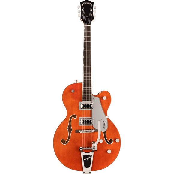The Gretsch G5420T Electromatic® Classic Hollow Body Single-Cut with Bigsby® features a laminated maple body with vintage-inspired perimeters and refined arches, as well as all-new trestle block bracing to help reduce unwanted feedback. By increasing rigidity and contact between the top and back of the body, the new trestle block design also results in the sound having a faster attack with more focus, snap, and increased sustain.