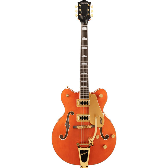 The Gretsch G5422TG Electromatic® Classic Hollow Body Double-Cut with Bigsby® and Gold Hardware features a laminated maple body with vintage-inspired perimeters and refined arches, as well as all-new trestle block bracing to help reduce unwanted feedback.