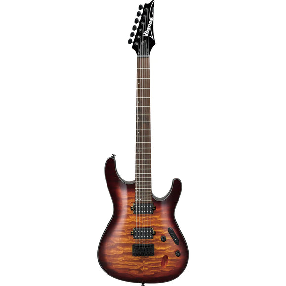The Ibanez S621QM - Dragons Eye Burst S-Standard Series electric guitar features a sculpted, lightweight meranti body with a quilted maple top in a dragon eye burst finish, and a Wizard III bolt-on maple neck with a 24-fret rosewood fingerboard and off-set white dot inlay.