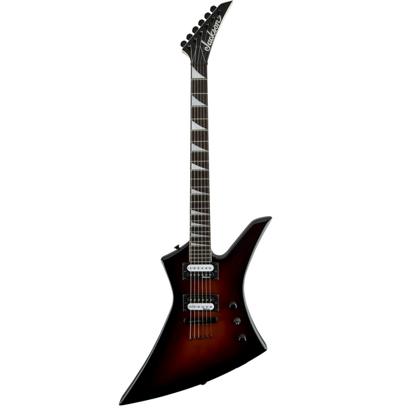 The JS Series Jackson Kelly™ JS32T has an offset poplar body and a bolt-on maple speed neck with graphite reinforcement for rock-solid stability. Hosting 24 jumbo frets and pearloid sharkfin inlays, the 12”-16” compound radius fully bound amaranth fingerboard creates the ideal playing surface for fat riffs and easy chording near the black plastic nut while gradually flattening in the upper registers for lightning-quick solos and wide bends without fear of fretting out.