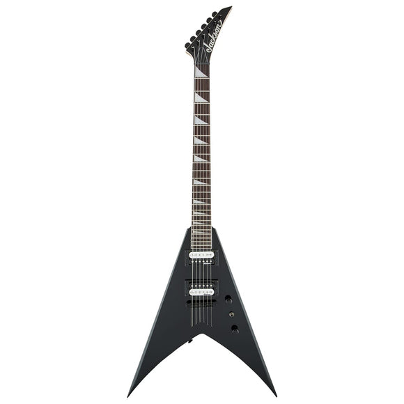 The Jackson JS32T King V - Gloss Black has a poplar body, bolt-on maple speed neck with graphite reinforcement and a 12”-16” compound radius bound amaranth fingerboard with 24 jumbo frets and pearloid sharkfin inlays.