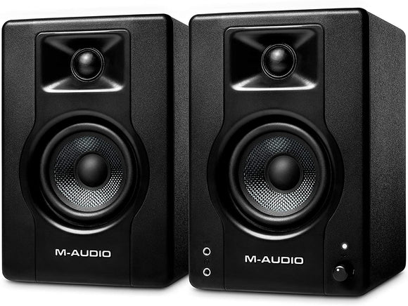 The M-Audio BX3 120-Watt Powered Studio Monitors feature 3.5” Black Kevlar® low frequency drivers; 1” natural silk dome tweeters, High-EQ and Low-EQ controls for dialing in the perfect sound, and 1/4”, 1/8”, and RCA inputs for connecting to virtually any audio source