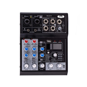 The CAD Audio MXU4-FX is a multipurpose 4 channel (2mic/line, 2 mono/1 stereo line) analog mixer with a built-in USB interface and digital effects processor. On-board 2-band EQ and +48V phantom power make it an ideal and compact option for live performance, broadcasting, podcasting or home recording.