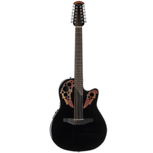 The Ovation Celebrity Elite 12 String - Black is a performance ready guitar offering striking aesthetics and pristine live sound. Ovation's unique multi-soundhole design provides clear highs and a focused, balanced bass response.