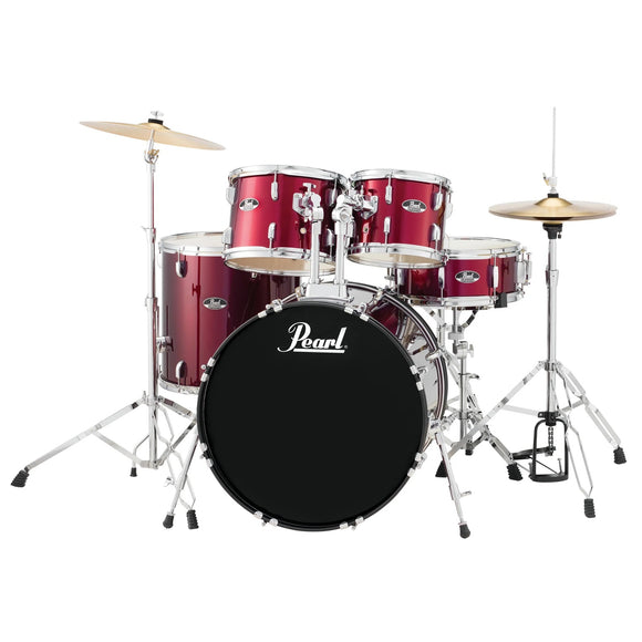 Get everything you need to start drumming in one complete package with the Pearl Roadshow 5-Piece Drum Set w/ Cymbals - Wine Red. Formed from multiple plies of bonded hardwood, Roadshow drum shells feature 9-ply poplar shells for optimal tone, molded to fabricate a resonance chamber that projects powerfully when you strike the drumhead.