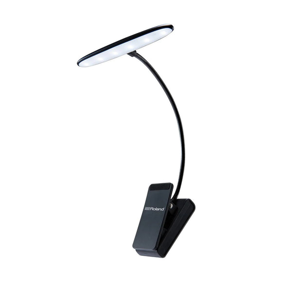 Roland LCL-25W Music Stand Light is a convenient clip-on LED light with dual brightness settings. Powered by three AAA-size batteries.