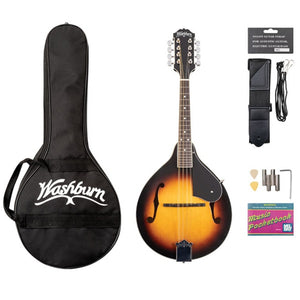 Washburn Mandolin Pack with A-style mandolin, gig bag, pitch pipe, strap, picks, & booklet. Washburn has been building mandolins since the late 1800s. Whether you’re a bluegrass, Celtic or rock player, see how the addition of a mandolin can broaden your sonic pallet and add a new dimension to your music. For traditionalists, you’ll find all the tone & projection you’d expect from our world class instruments.