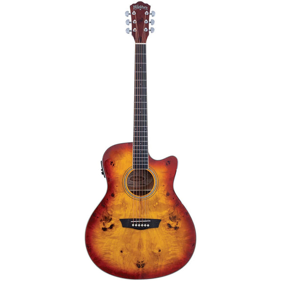 Their visually striking appearance will catch your eye, but their sonic versatility is what makes the Washburn Deep Forest Burl collection a must-have guitar. The Okoume back & sides along with a burl-blend top deliver a tone that is warm with attack.