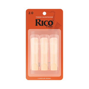 The Rico Tenor Saxophone Reeds - Strength 2.0 (3-Pack) cut is unfiled and features a thinner profile and blank. Rico "Orange Box" reeds vibrate easily. They are a favorite among jazz musicians and are ideal for students.