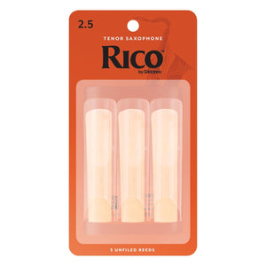 The Rico Tenor Saxophone Reeds - Strength 2.5 (3-Pack) cut is unfiled and features a thinner profile and blank. Rico "Orange Box" reeds vibrate easily. They are a favorite among jazz musicians and are ideal for students.